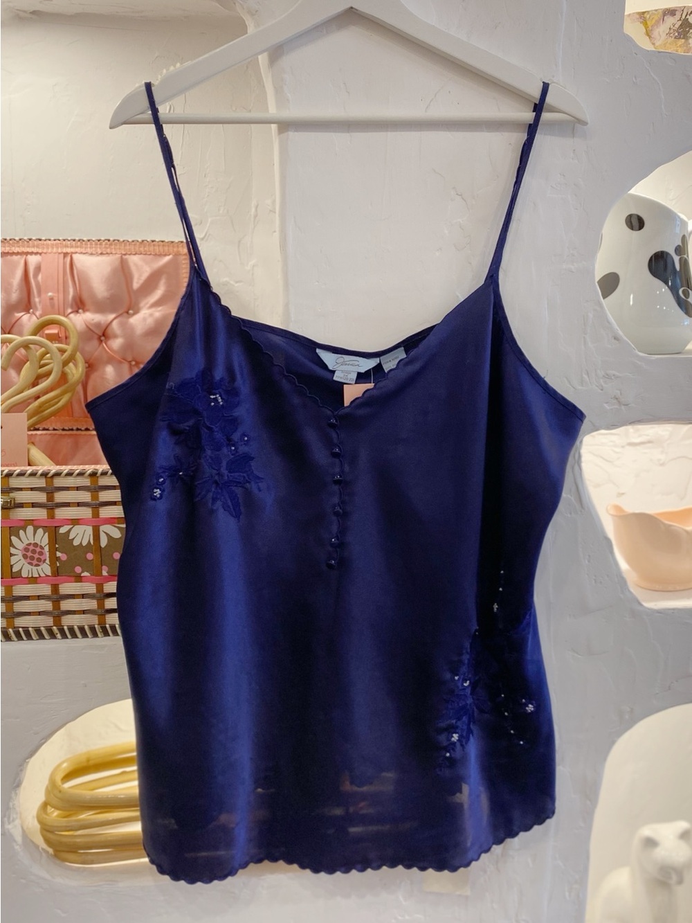 Y2K Dark Purple Spaghetti Strap Slip Tank with Floral Embroidery & Beading